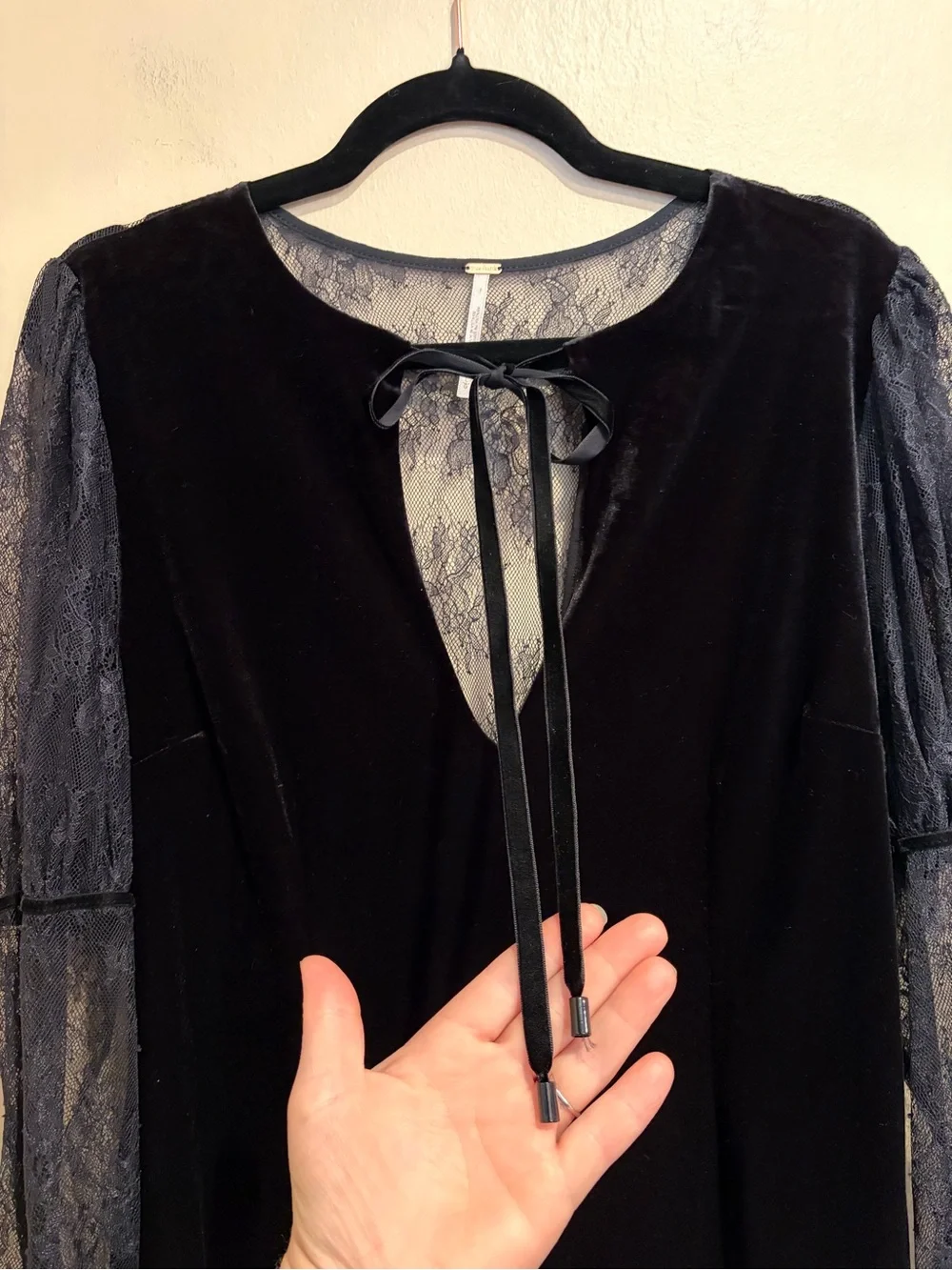 Wickedly Gorgeous Free People Black Crushed Velvet Dress w/ Sheer Long Sleeves